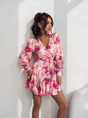 SUKIENKA "ANNA" KRÓTKA - PIWONIE RÓŻ I POMARAŃCZ