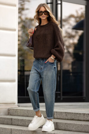 SWETER MOHEROWY Z BUFIASTYMI RĘKAWAMI BRĄZOWY