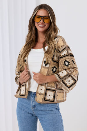 Krótki kardigan szydełkowy z motywem kwiatowym / Beżowy