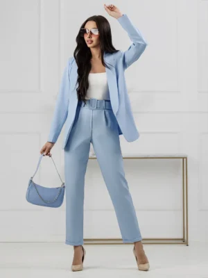 ELEGANCKI GARNITUR DAMSKI KOMPLET MARYNARKA SPODNIE Z PASKIEM BŁĘKITNY S/M