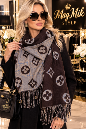 MODNY SZAL CIEPŁY ELEGANCKI PREMIUM WZÓR MONOGRAM KRATA BRĄZOWY